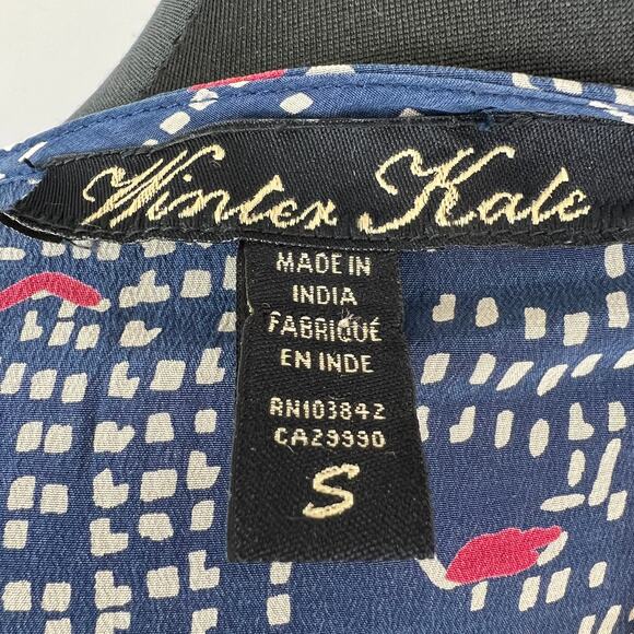 Winter Kale Blue Printed Vintage Silk Button-Up Long Sleeve Scoop Blouse Top S - Picture 7 of 9